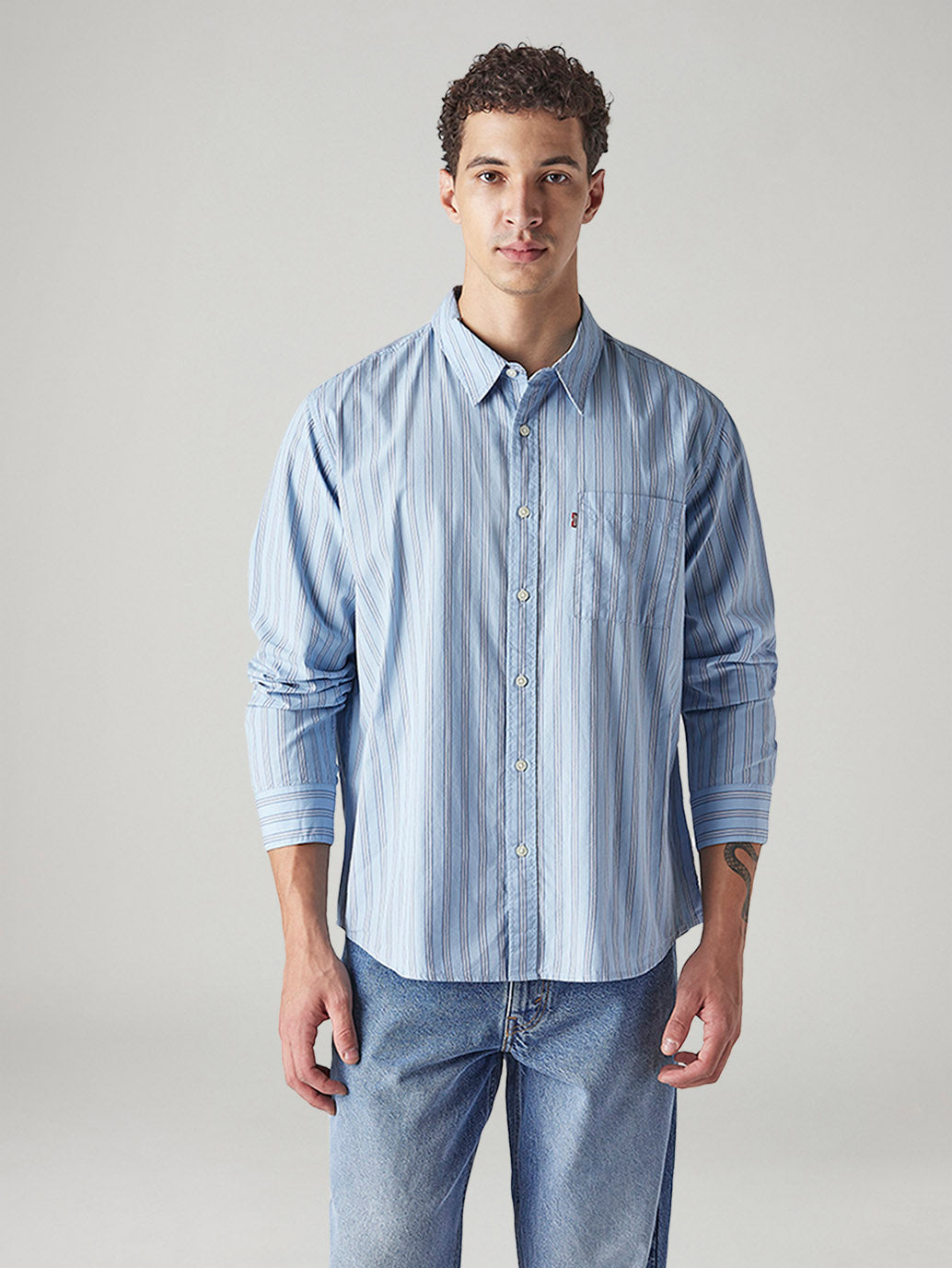 Men's Striped Relaxed Fit Poplin Shirt - Front View