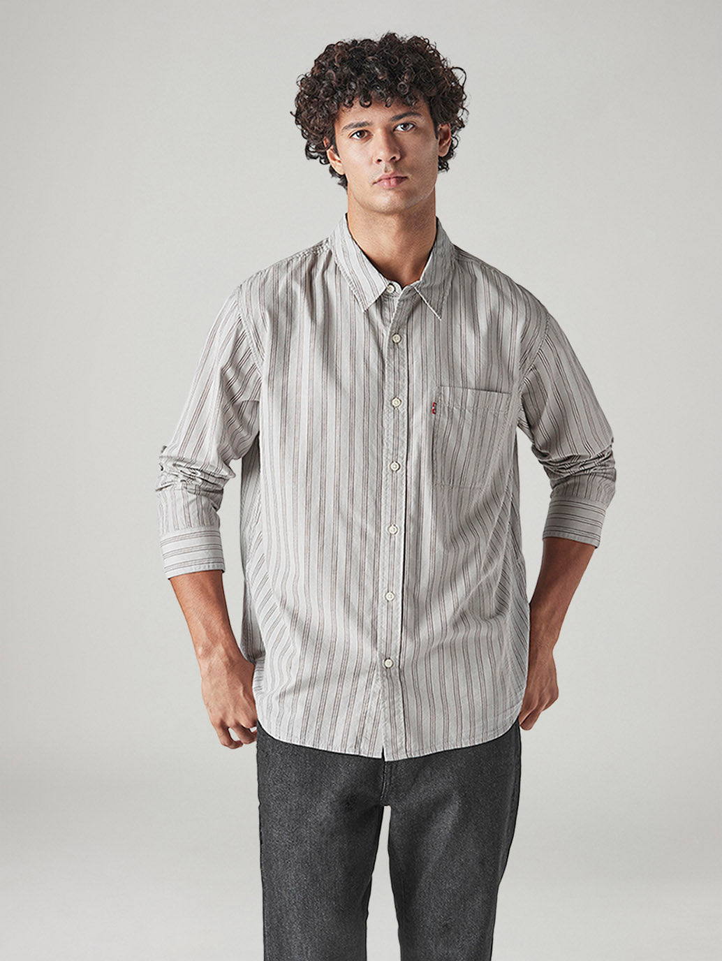 Men's Striped Relaxed Fit Poplin Shirt - Front View