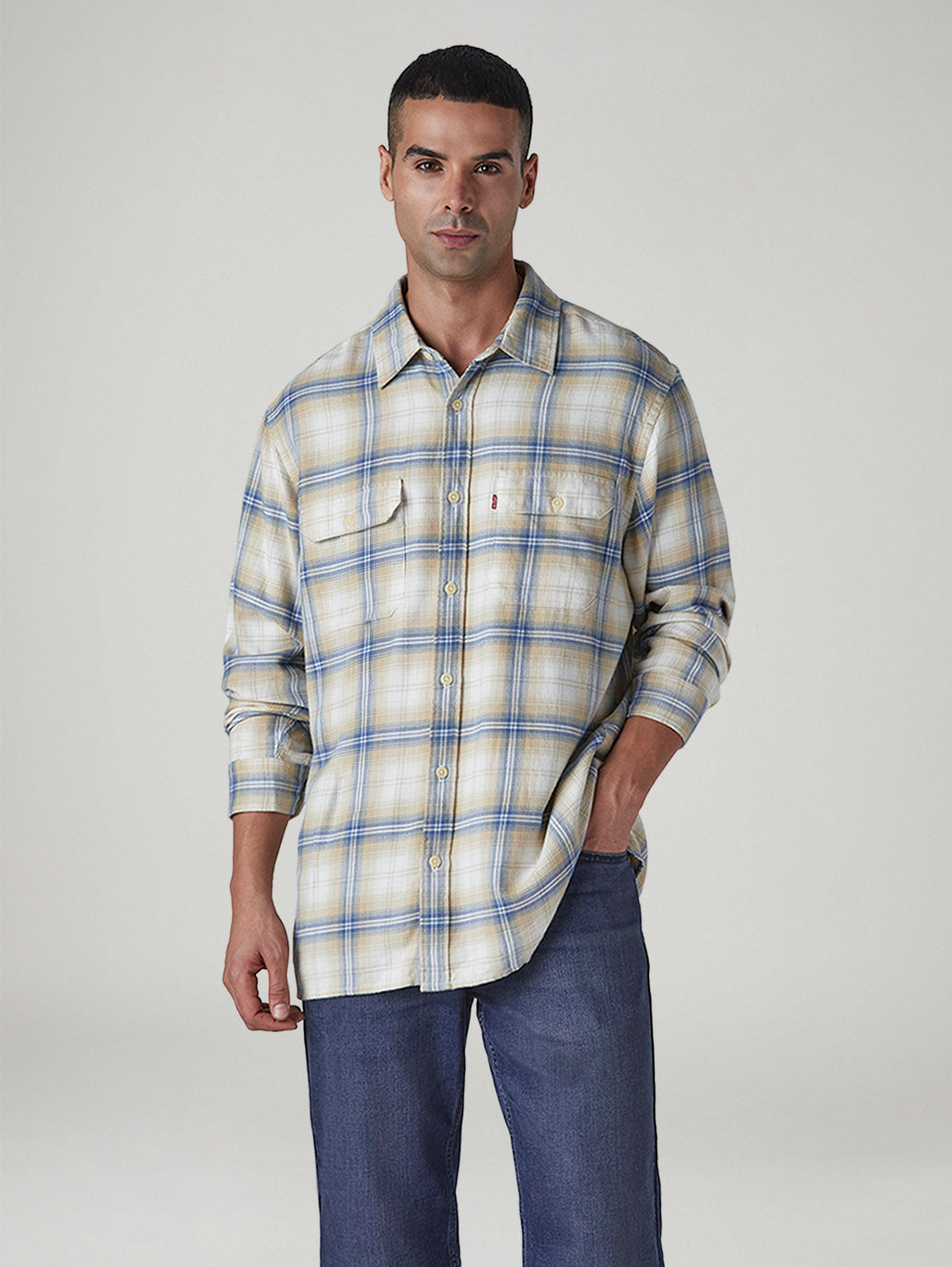 Men's Checkered Relaxed Fit Flannel Shirt - Front View