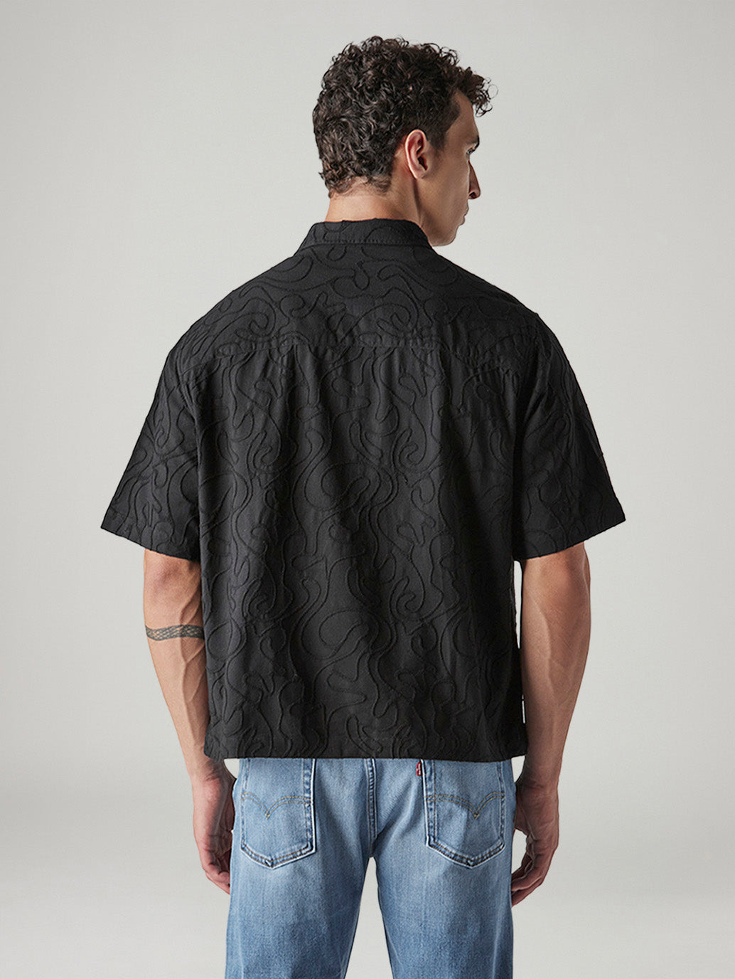 Men's Embroidered Boxy Fit Dobby Shirt - Back View