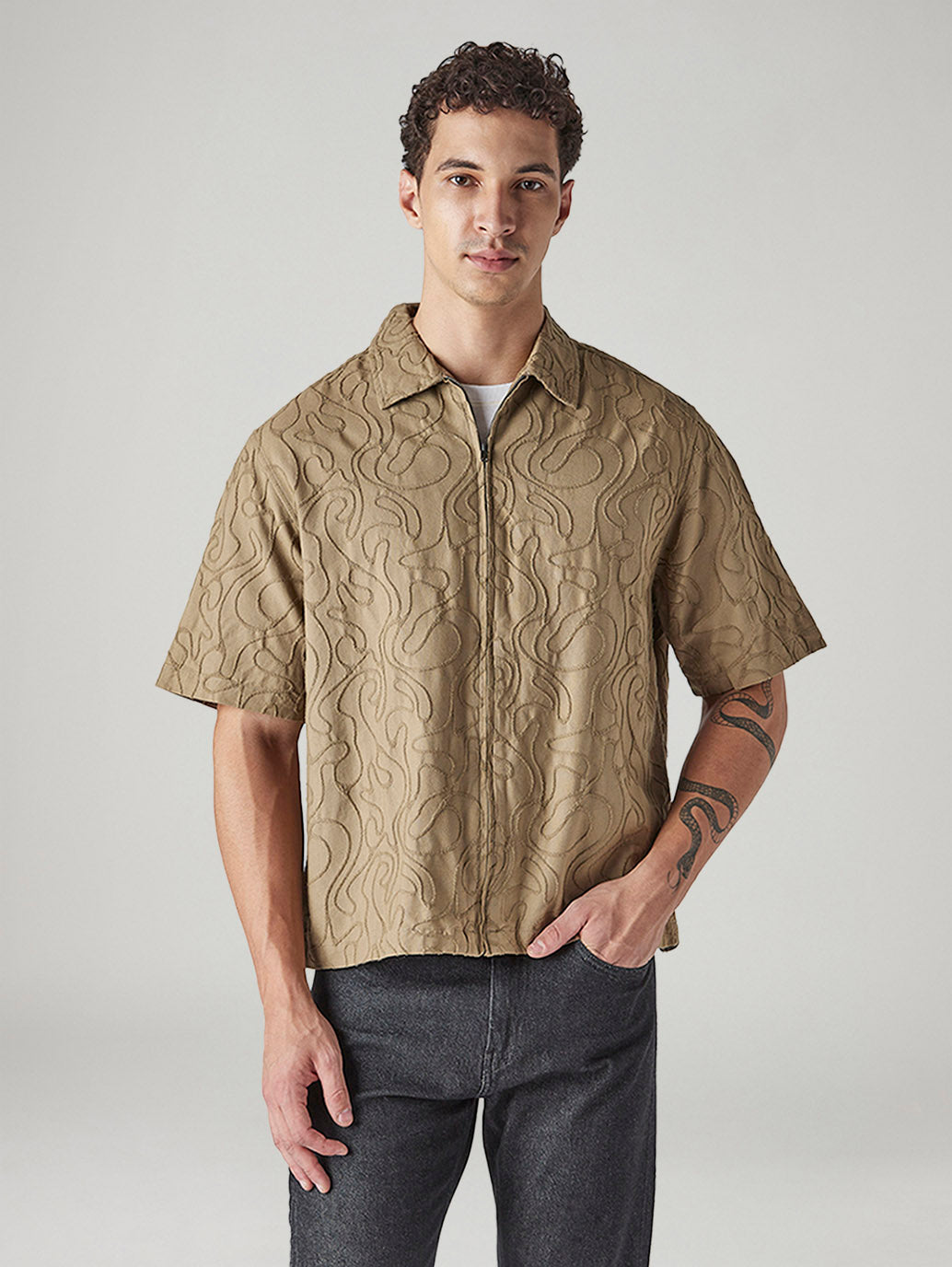 Men's Embroidered Boxy Fit Dobby Shirt - Front View