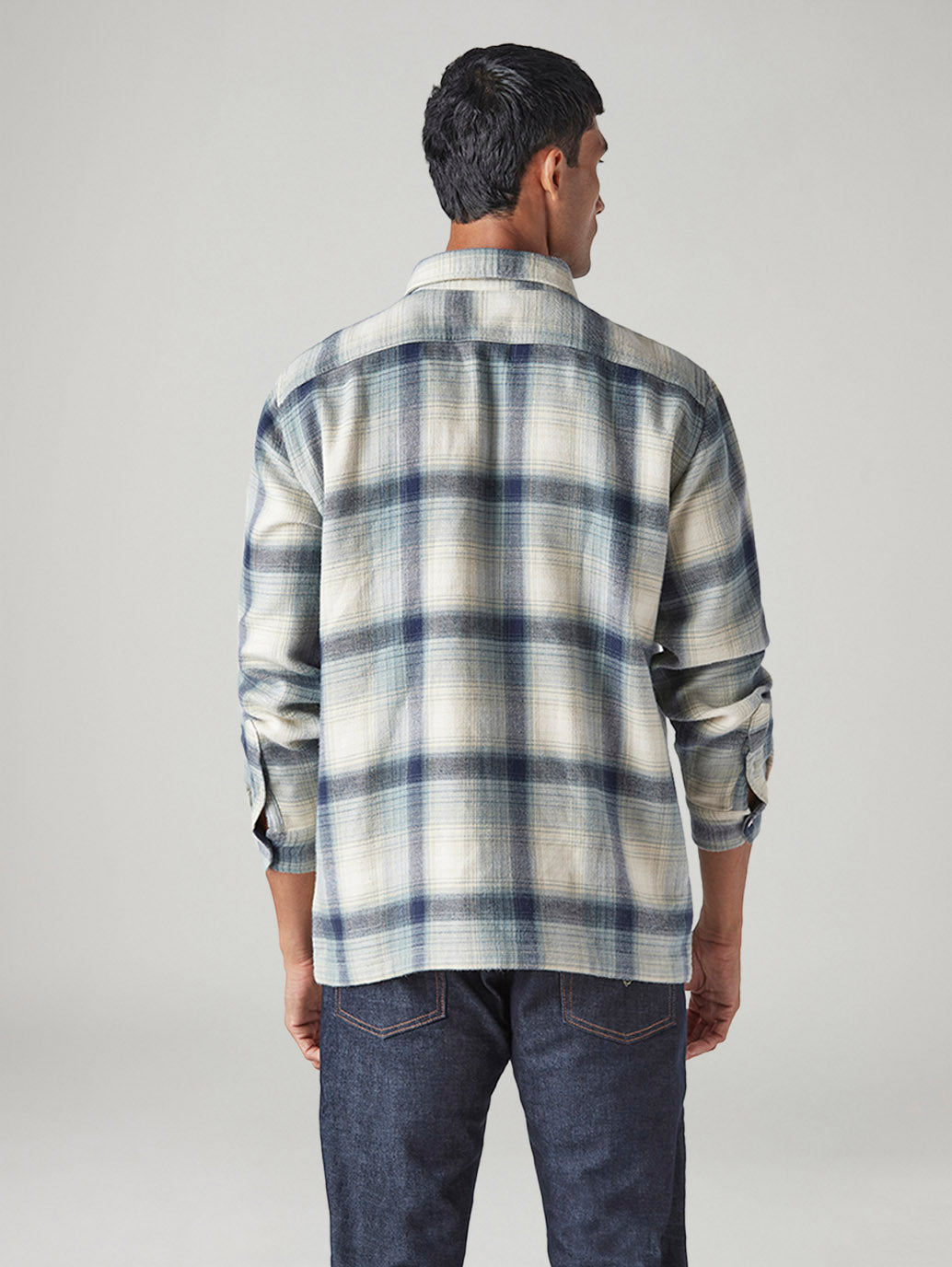 Men's Checkered Relaxed Fit Double Cloth Flannel Shirt - Back View