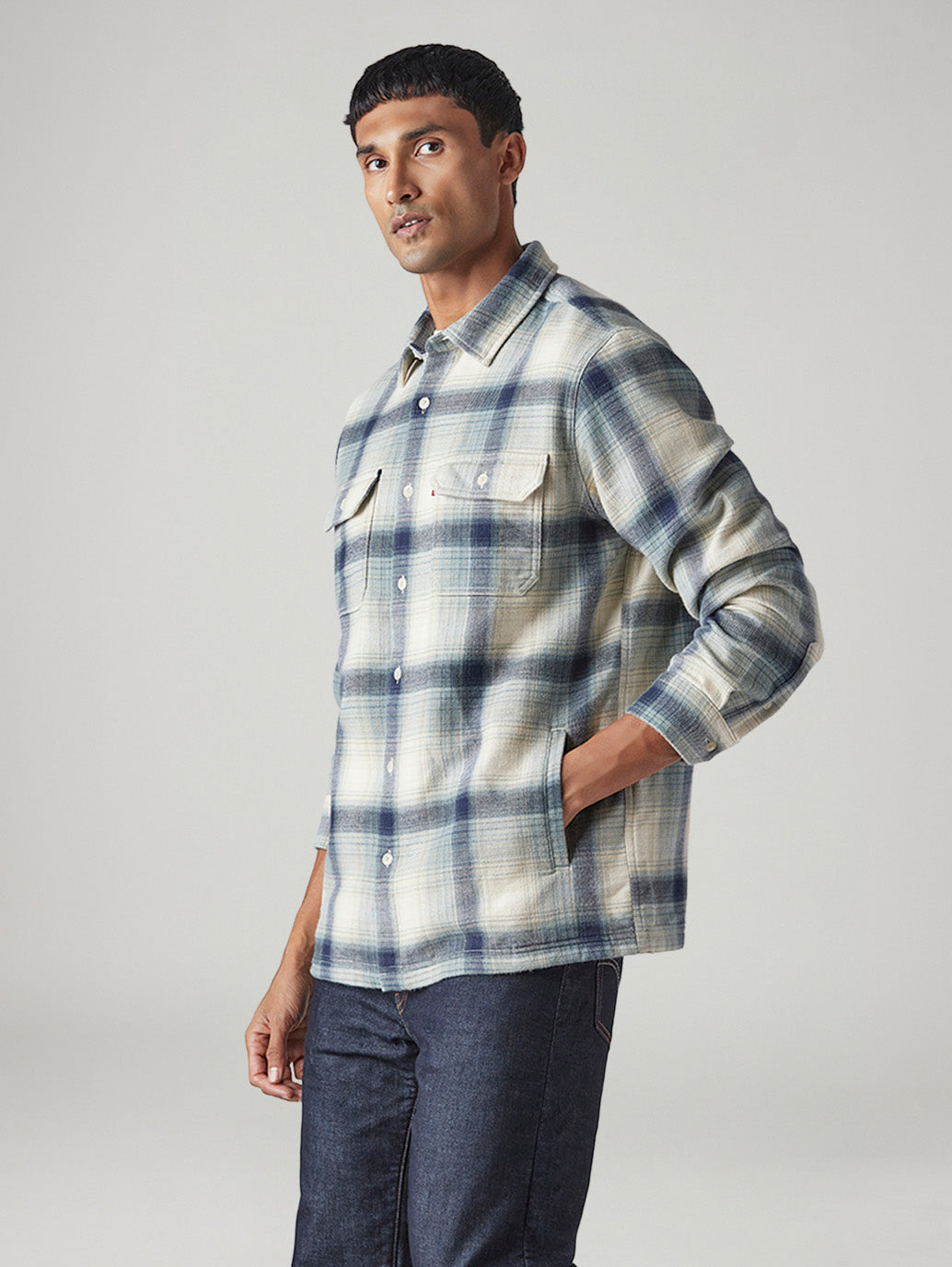 Men's Checkered Relaxed Fit Double Cloth Flannel Shirt - Side View