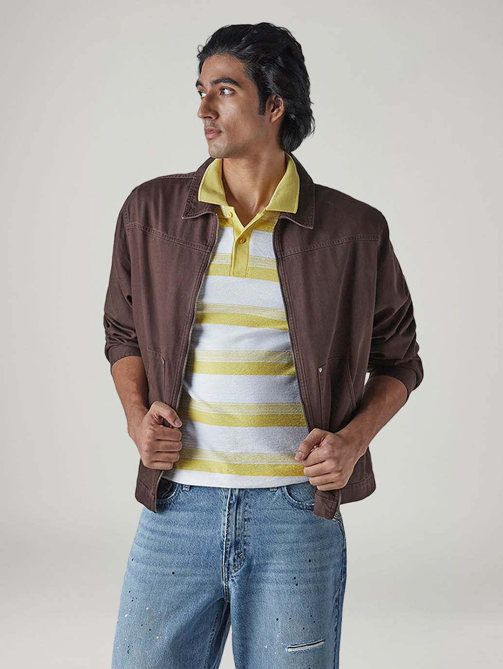 Men's Solid Brown Zip Collar Shacket