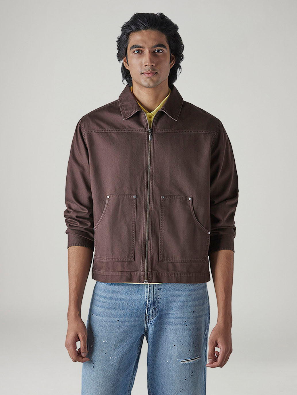 Men's Solid Brown Zip Collar Shacket - 20 View