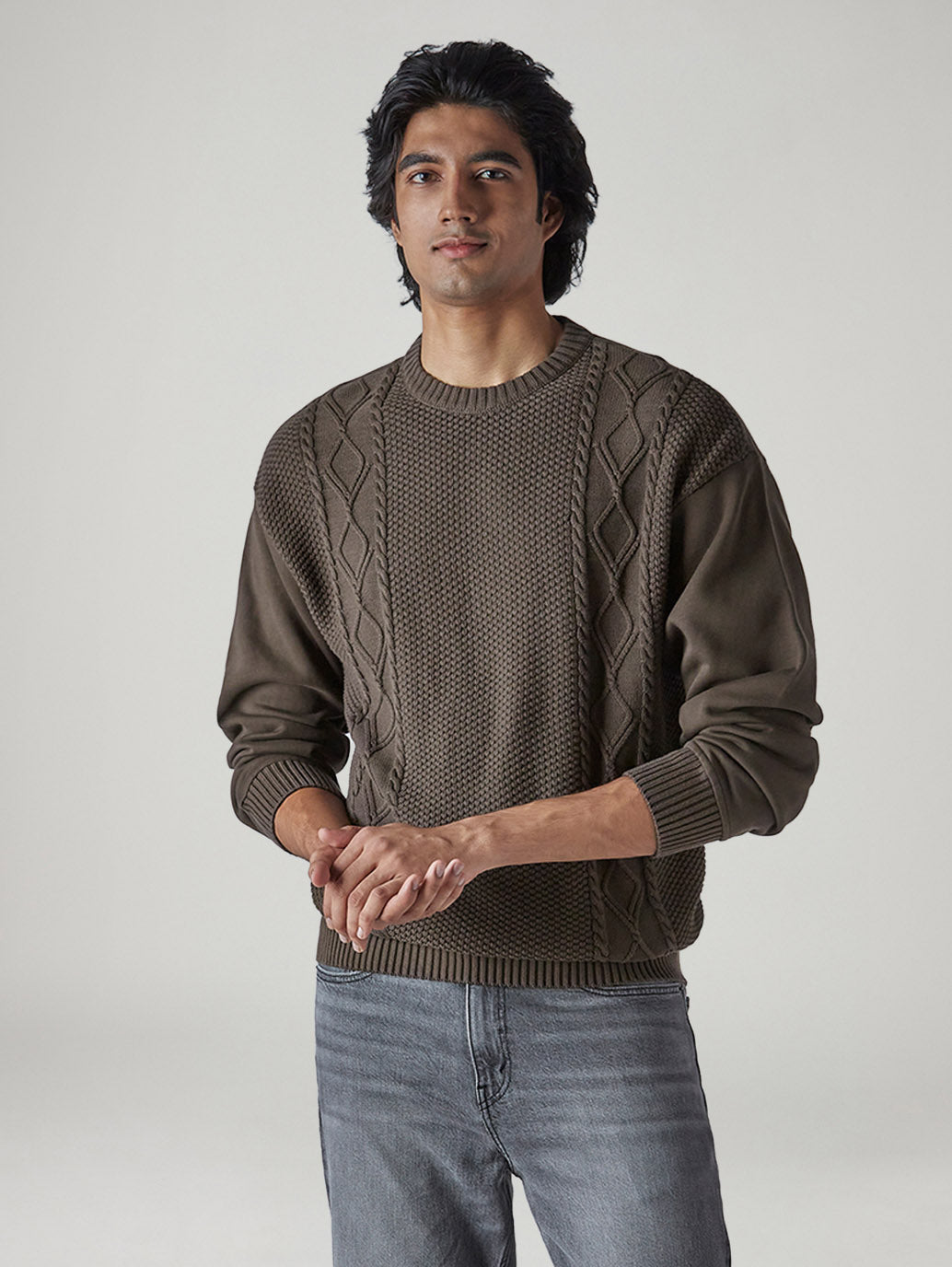 Men's Solid Brown Crew Neck Sweater - Styleshot View