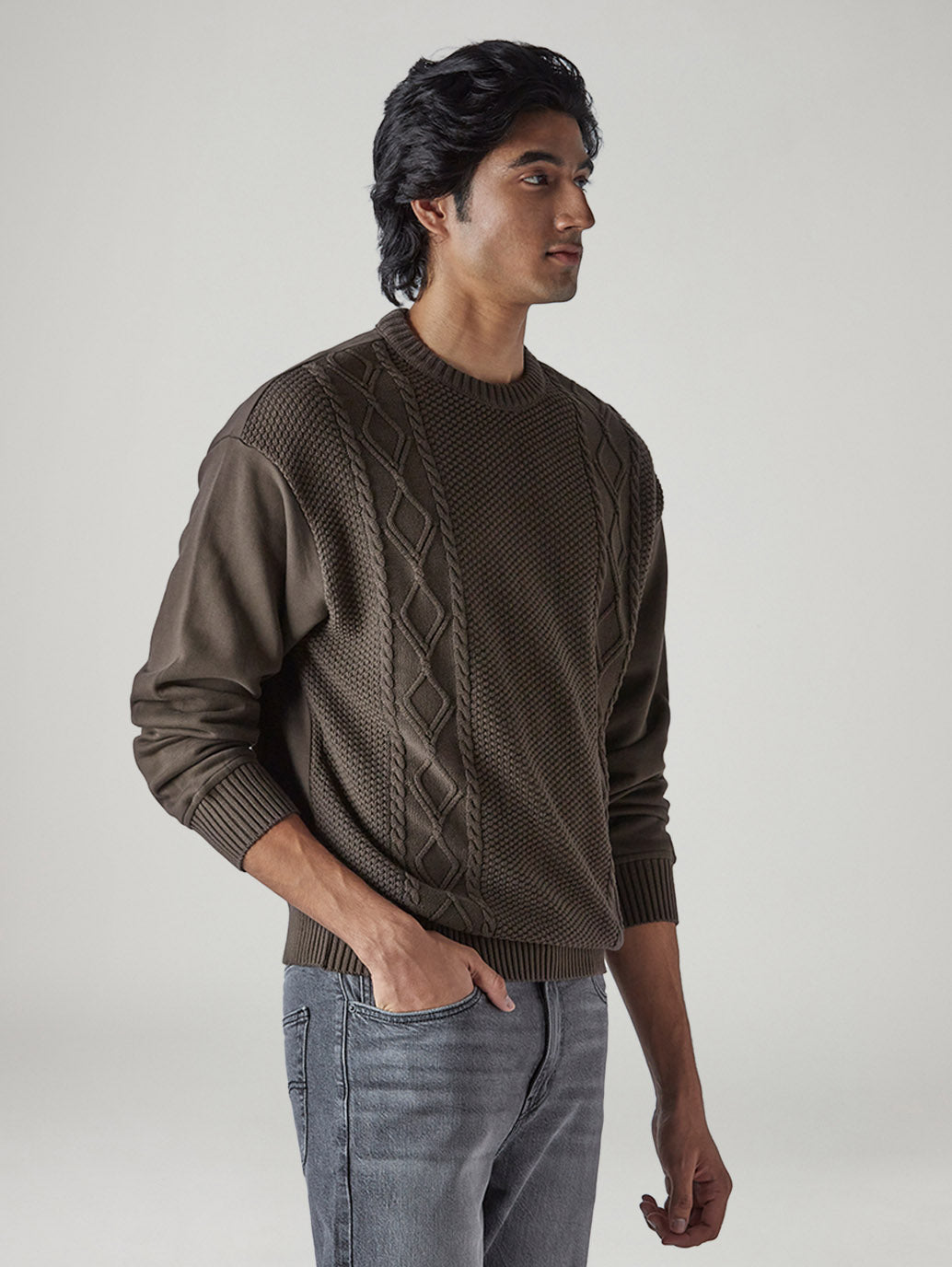 Men's Solid Brown Crew Neck Sweater - Side View
