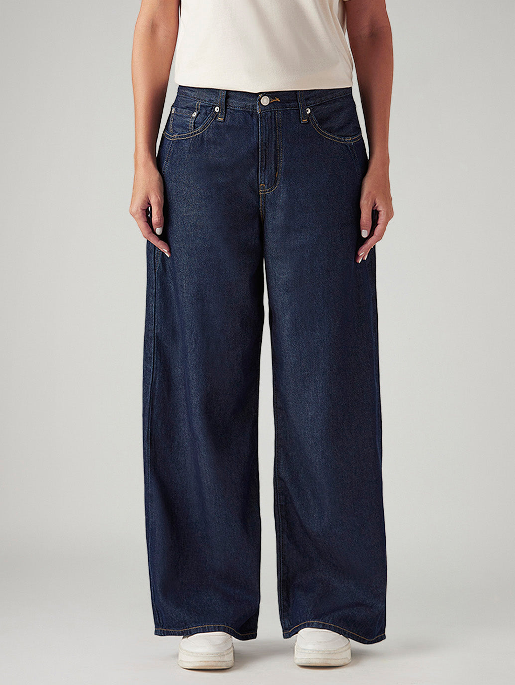 Women's Dark Indigo Loose Fit Mid Rise Jeans - Front View