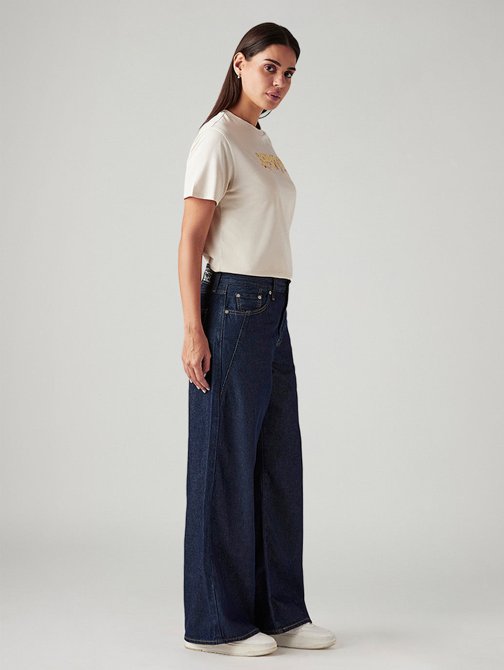 Women's Dark Indigo Loose Fit Mid Rise Jeans - Side View