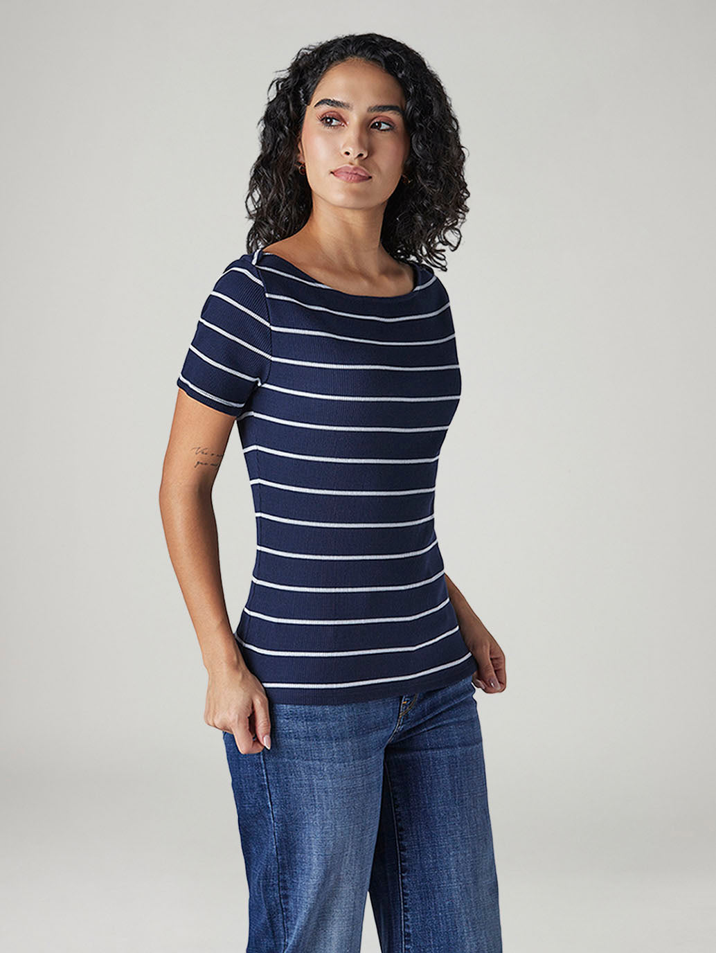 Women's Striped Slim Fit Ribbed T-Shirt - Side View