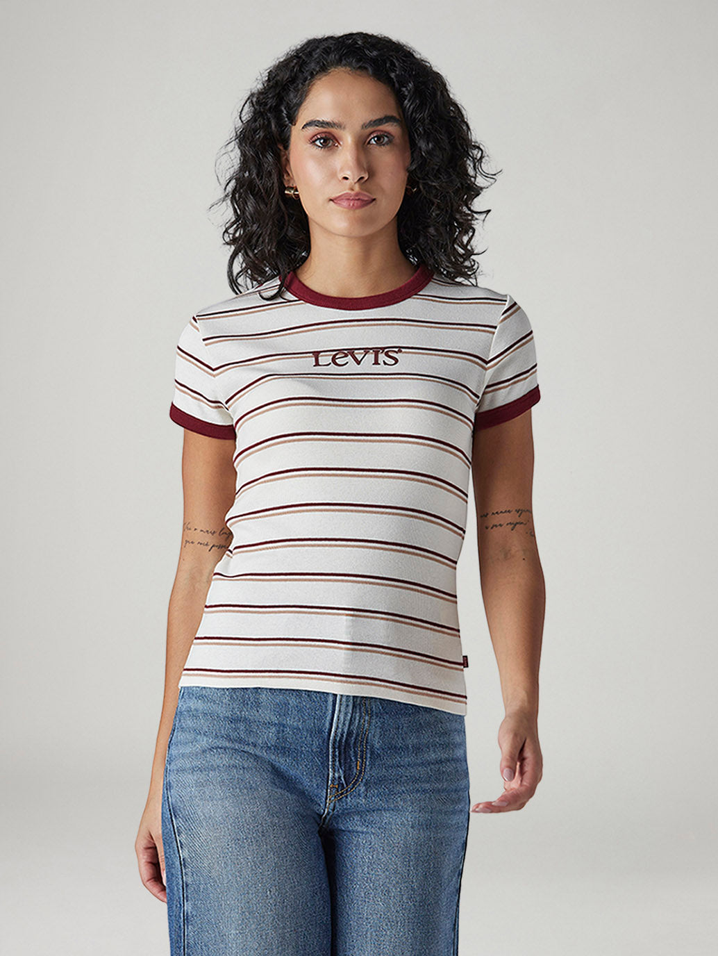 Women's Striped Slim Fit Ribbed T-Shirt - Front View