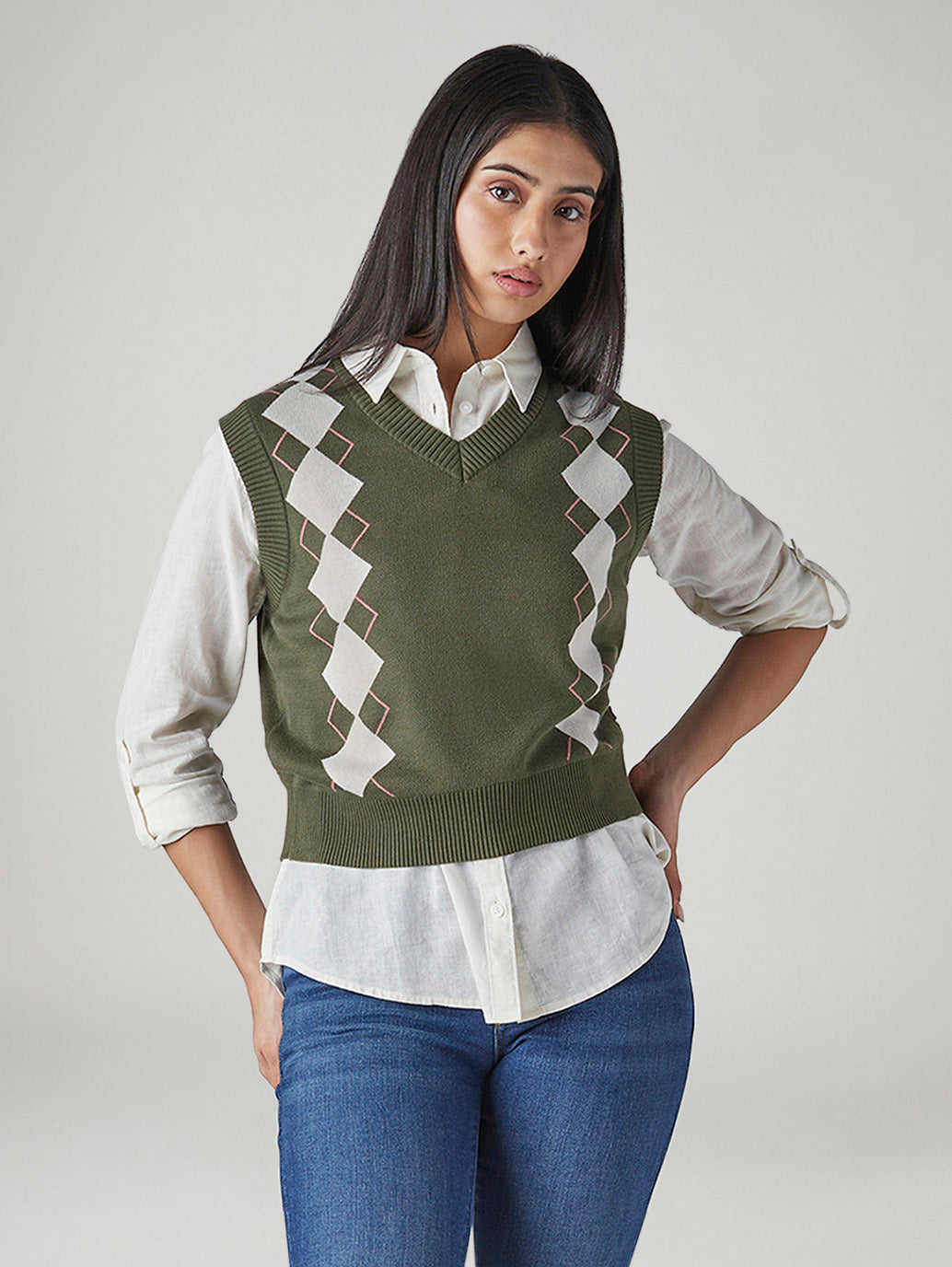 Women's Argyle Olive V-Neck Sweater