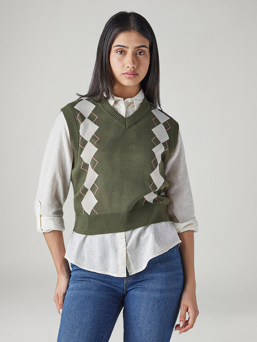 Women's Argyle Olive V-Neck Sweater - Front View