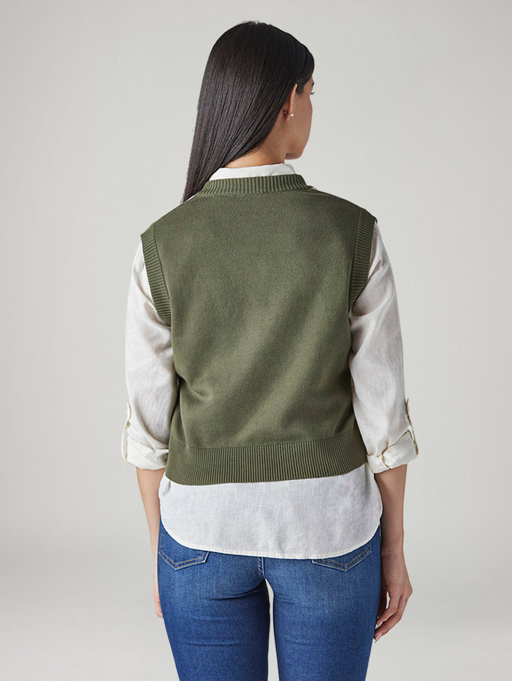 Women's Argyle Olive V-Neck Sweater - Back View