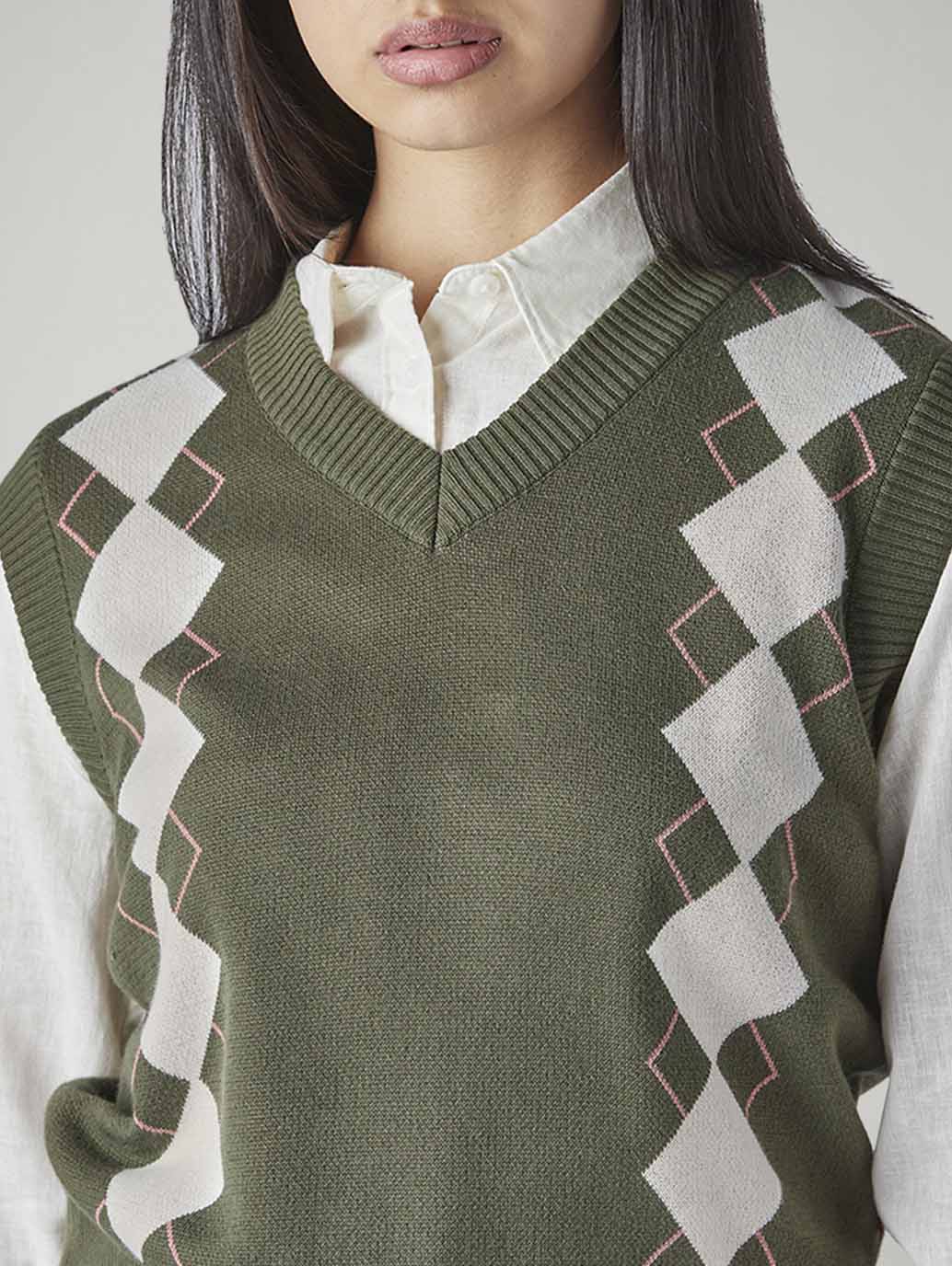 Women's Argyle Olive V-Neck Sweater - Detail View