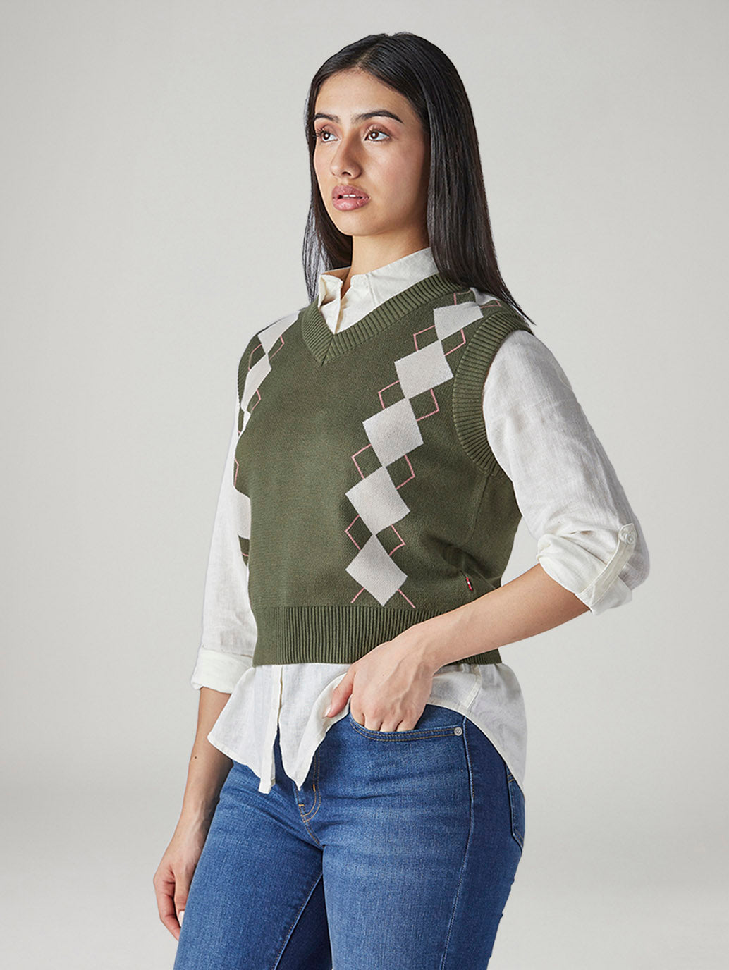 Women's Argyle Olive V-Neck Sweater - Side View