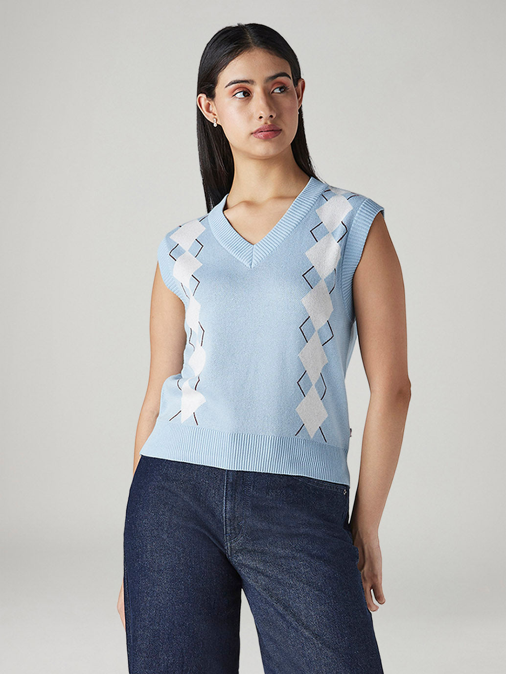 Women's Argyle Light Blue V-Neck Sweater