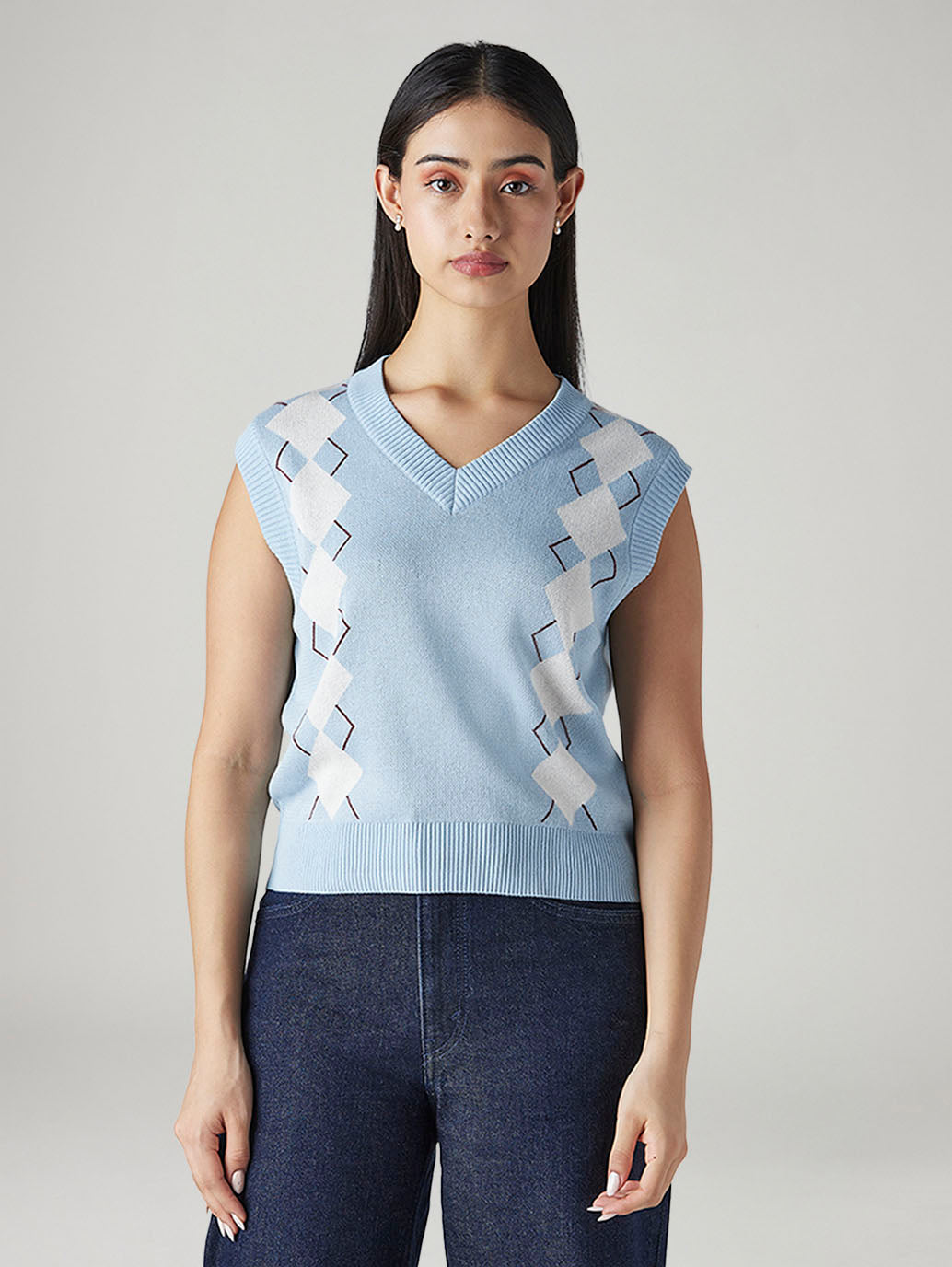 Women's Argyle Light Blue V-Neck Sweater - 20 View