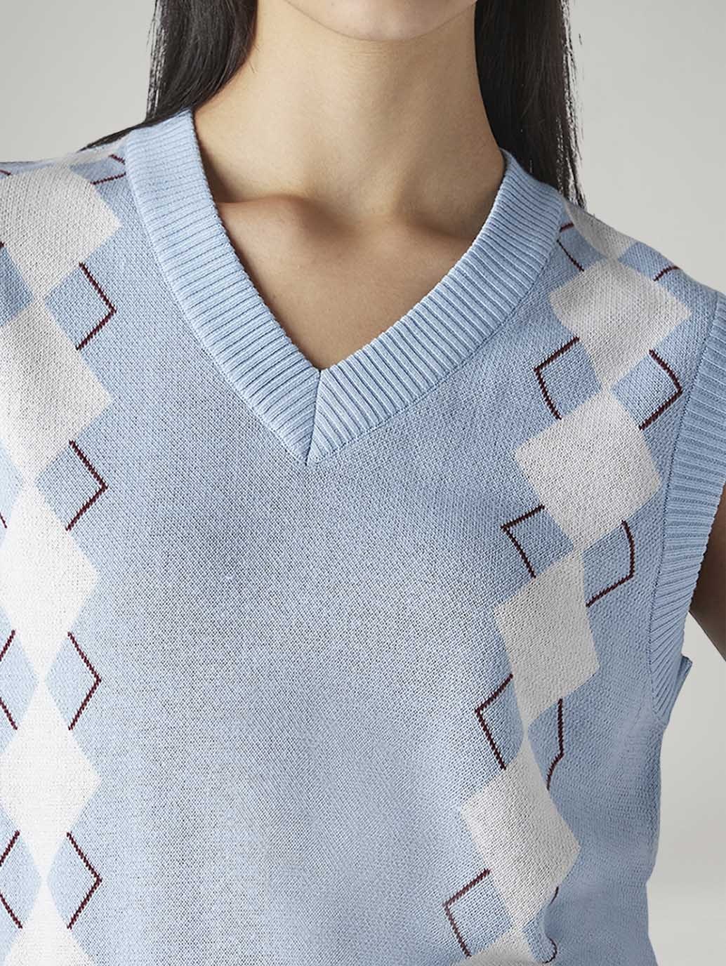 Women's Argyle Light Blue V-Neck Sweater - 20 View