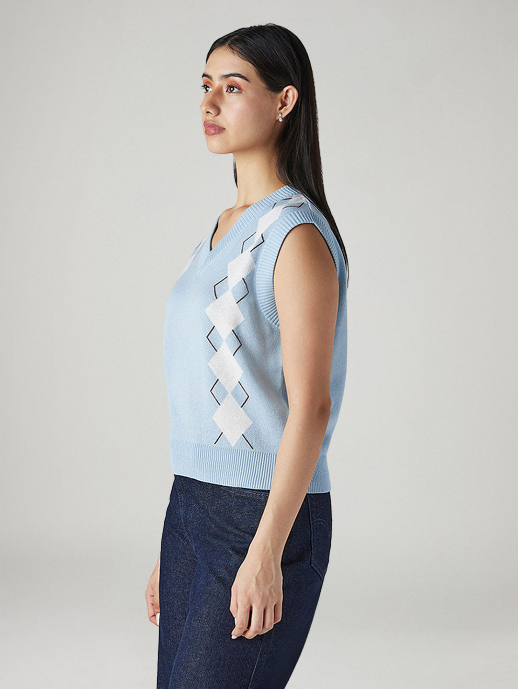 Women's Argyle Light Blue V-Neck Sweater - 20 View