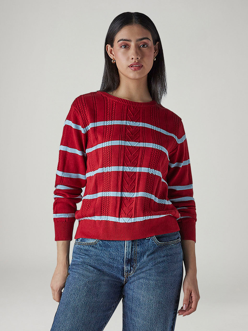 Women's Striped Red Crew Neck Cable Sweater