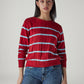 Women's Striped Red Crew Neck Cable Sweater - Styleshot View