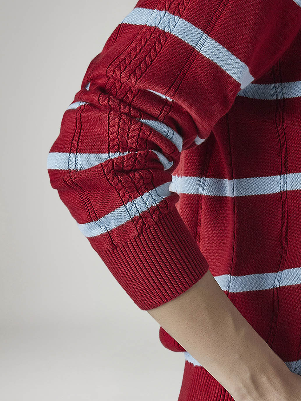 Women's Striped Red Crew Neck Cable Sweater - Detail View