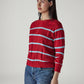 Women's Striped Red Crew Neck Cable Sweater - Side View