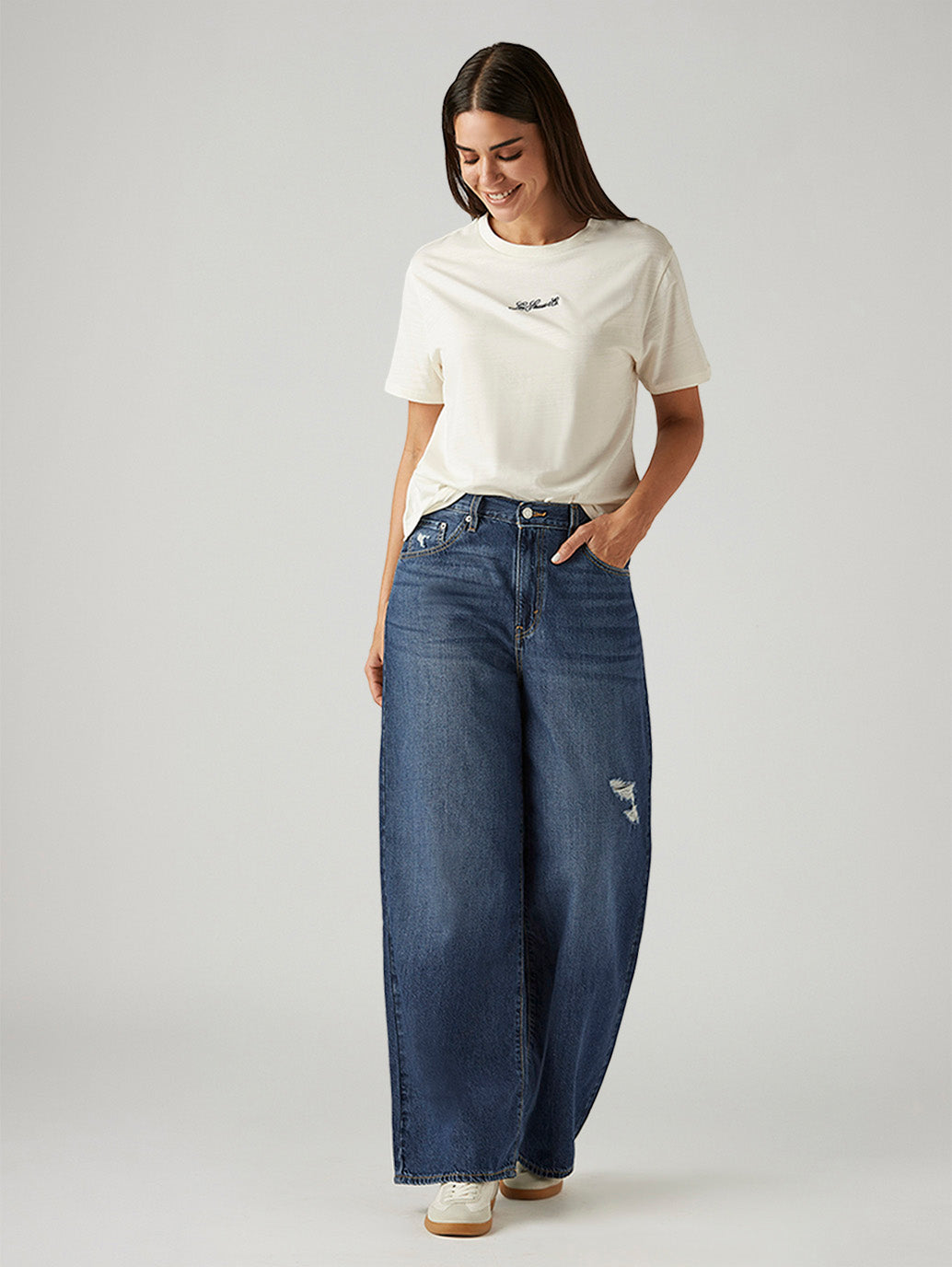 Women's Blue Ribcage Cinch Wide Leg Fit High Rise Jeans - Styleshot View