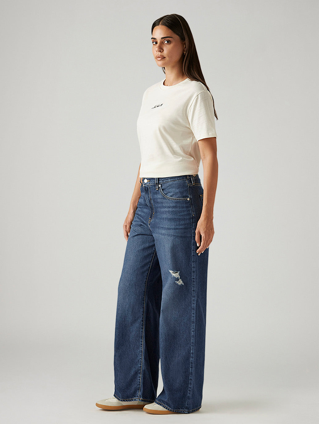 Women's Blue Ribcage Cinch Wide Leg Fit High Rise Jeans - Side View