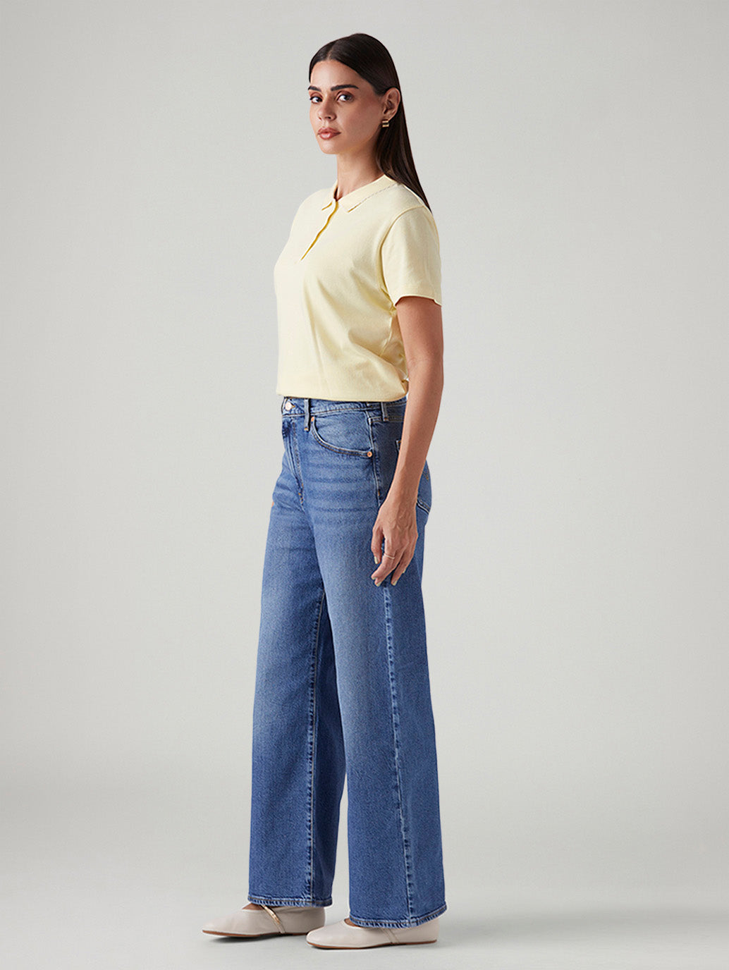 Women's Blue Ribcage Wide Leg Fit High Rise Jeans - Side View