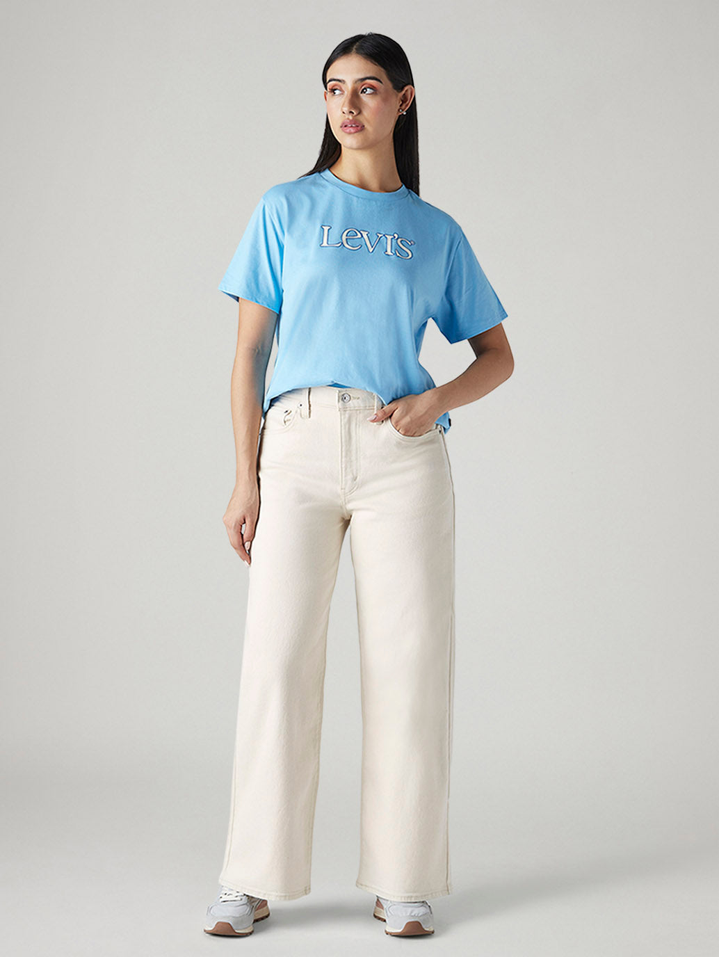 Women's Off White Wide Leg Fit High Rise Cinched Jeans