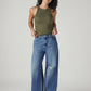 Women's Blue Wide Leg Fit High Rise Cinched Jeans - Front View