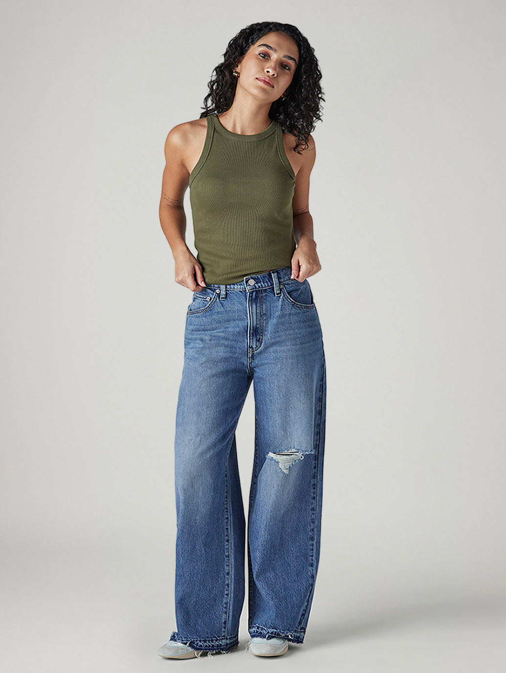 Women's Blue Wide Leg Fit High Rise Cinched Jeans - Front View