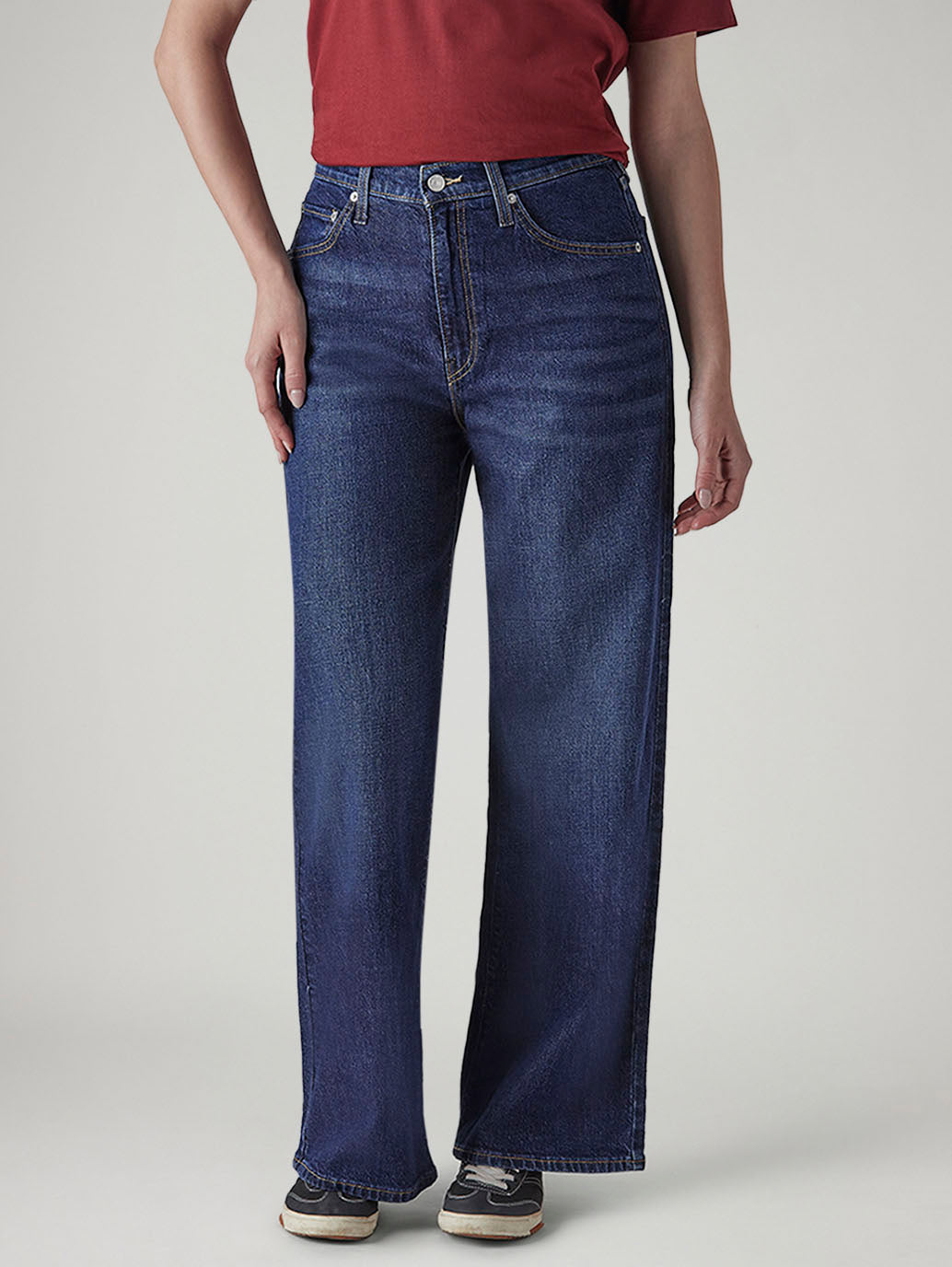 Women's Dark Indigo Wide Leg Fit High Rise Cinched Jeans - 20 View