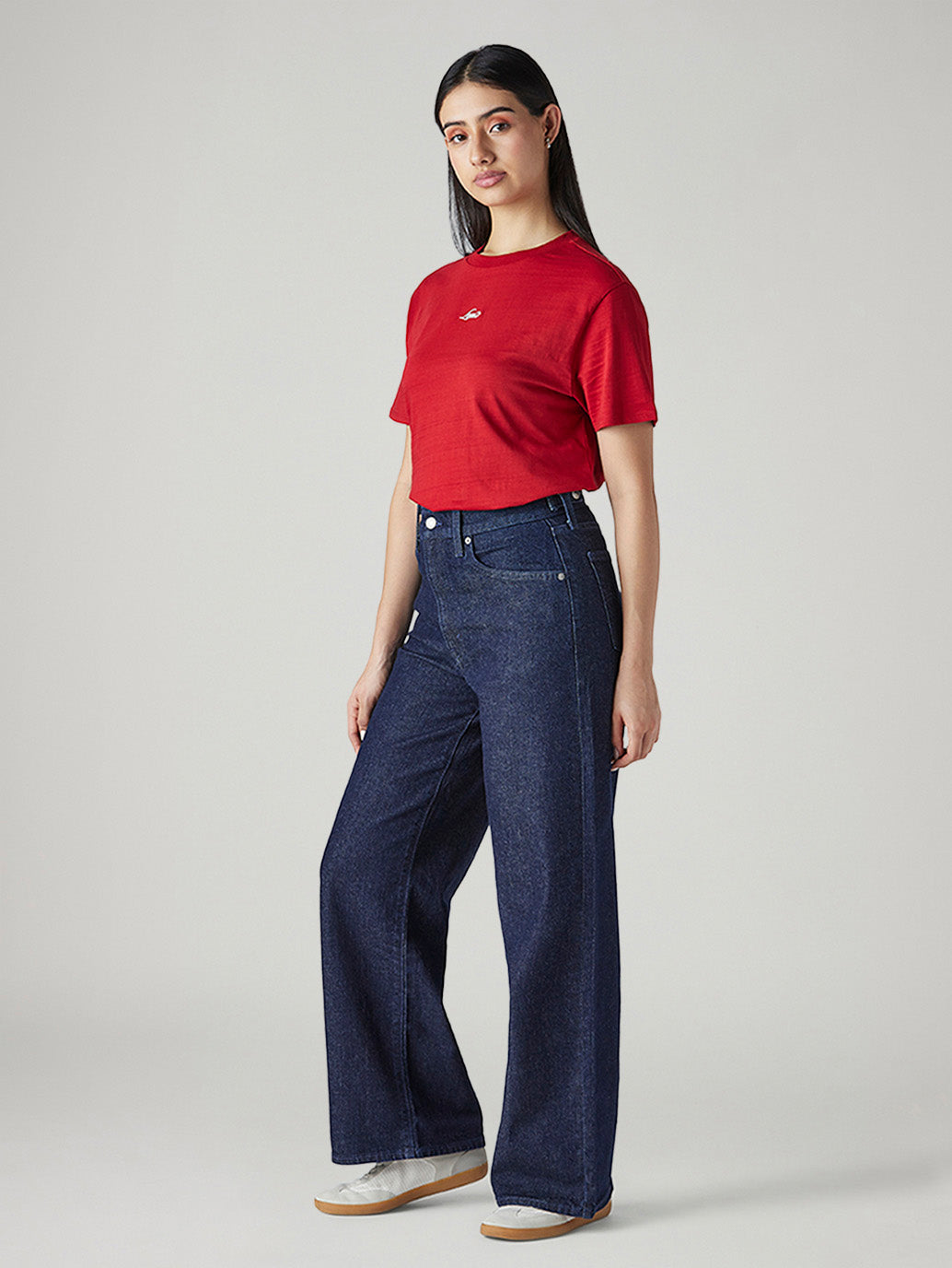 Women's Dark Indigo Wide Leg Fit High Rise Cinched Jeans - Side View