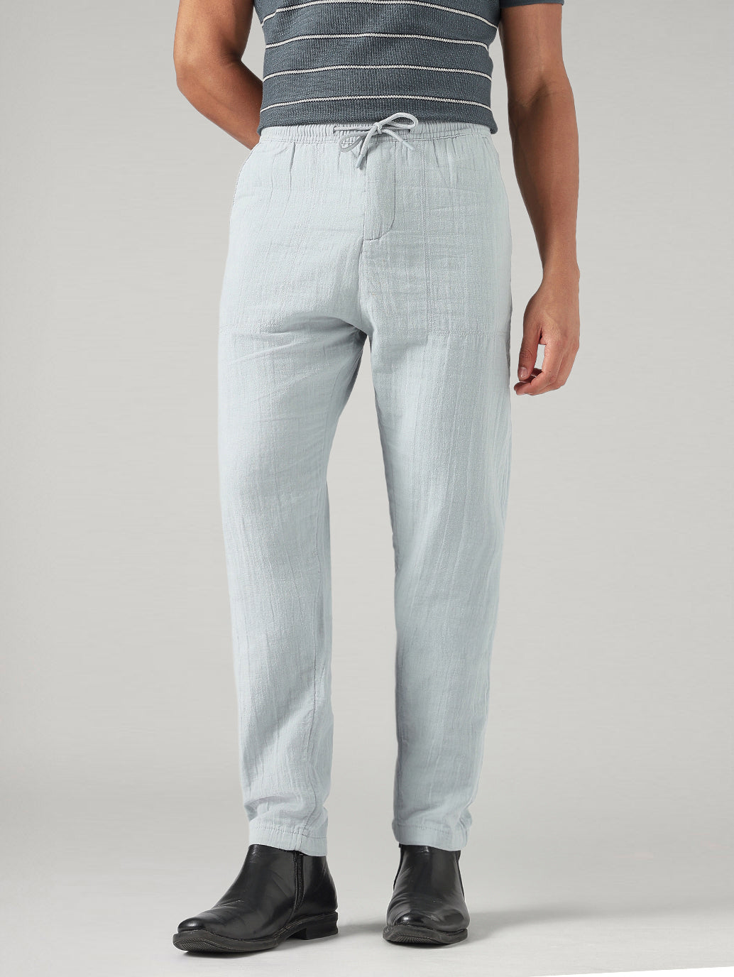 Men's Blue Tapered Fit Mid Rise Pull On Chinos - Front View
