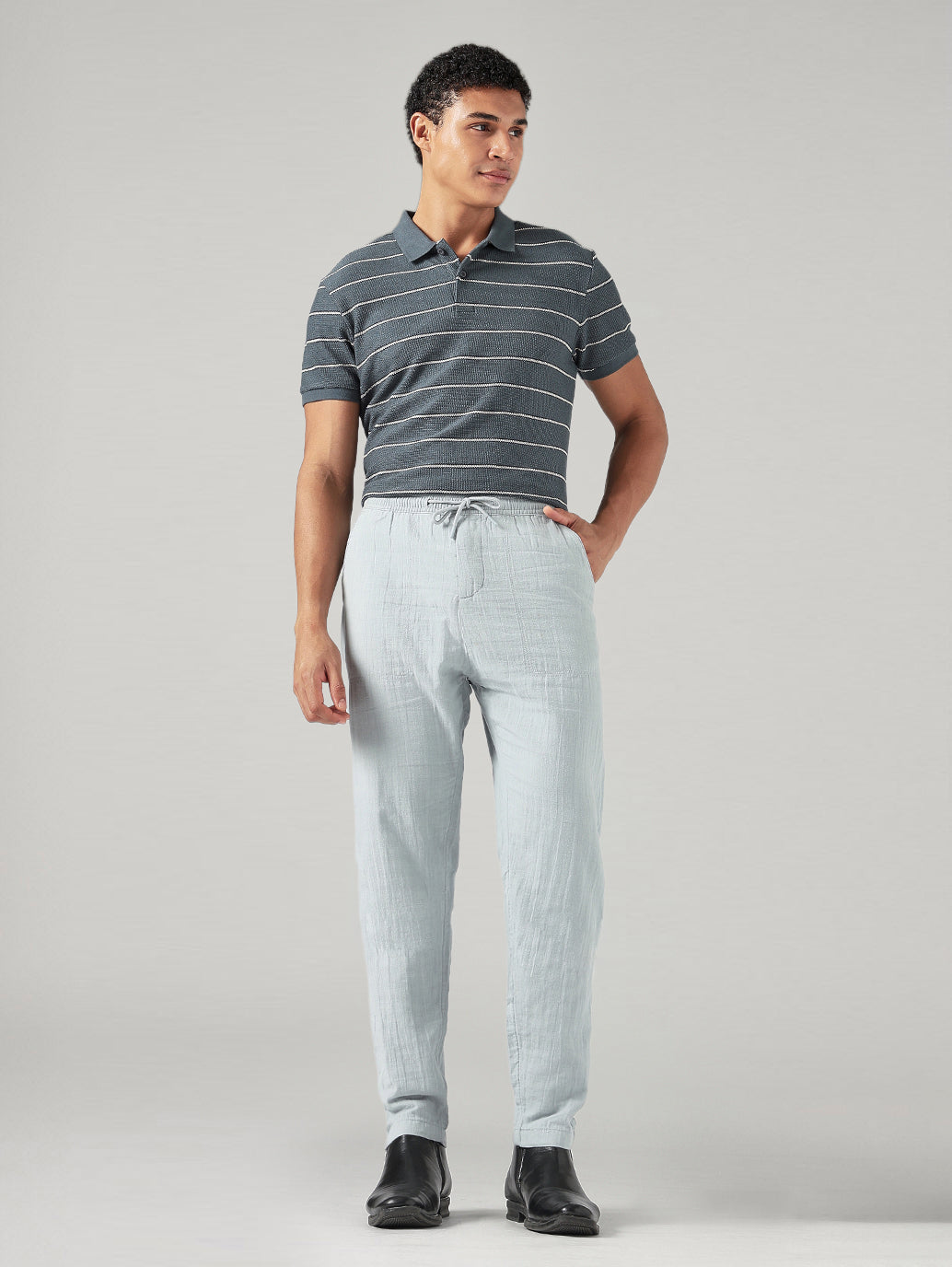 Men's Blue Tapered Fit Mid Rise Pull On Chinos - Front View