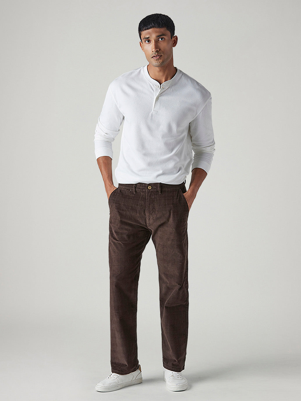 Men's 555 Brown Relaxed Straight Fit Mid Rise Corduroy Chinos - Front View