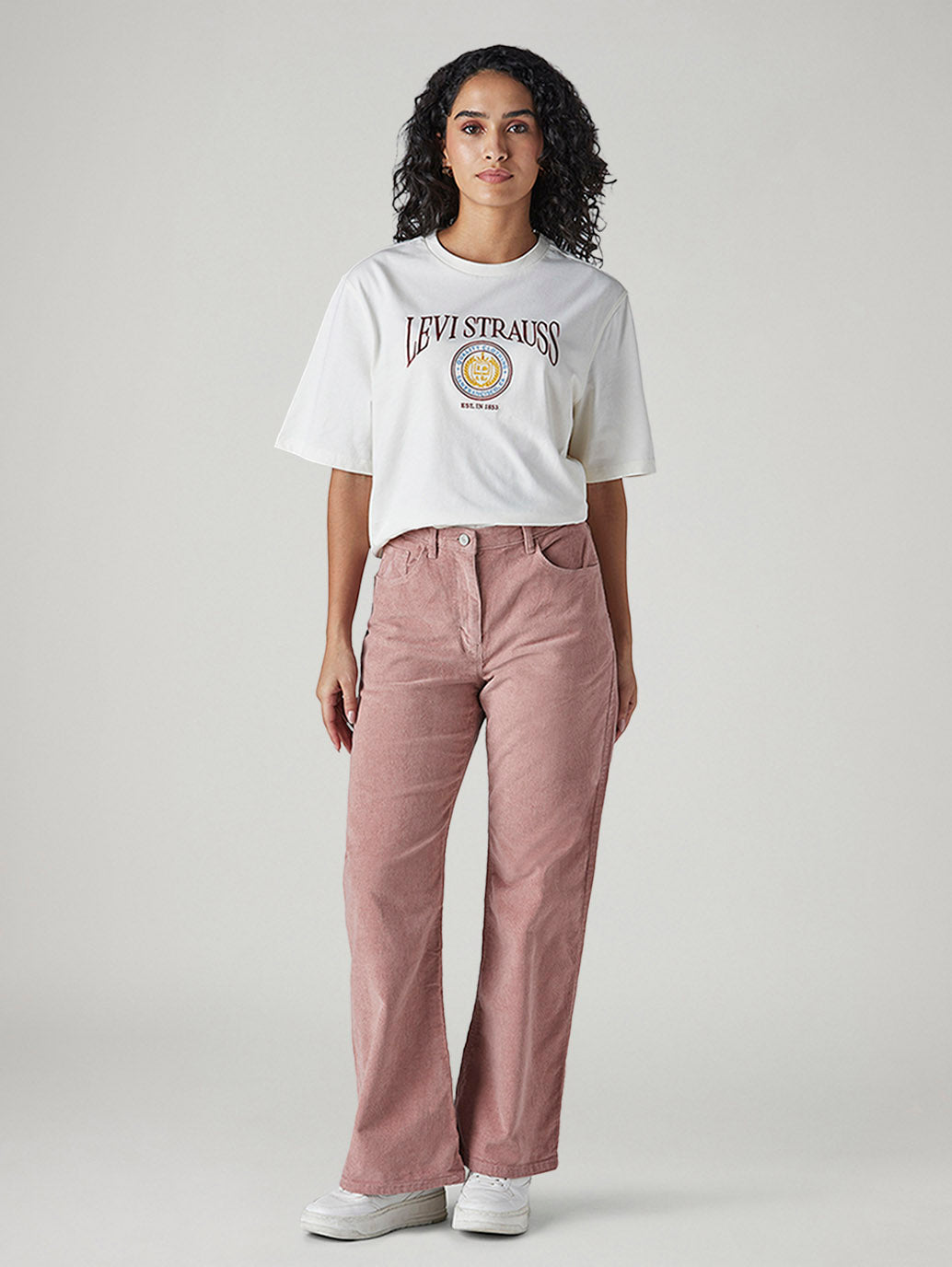 Women's Pink Loose Bootcut Fit Mid Rise Corduroy Cargos - Front View