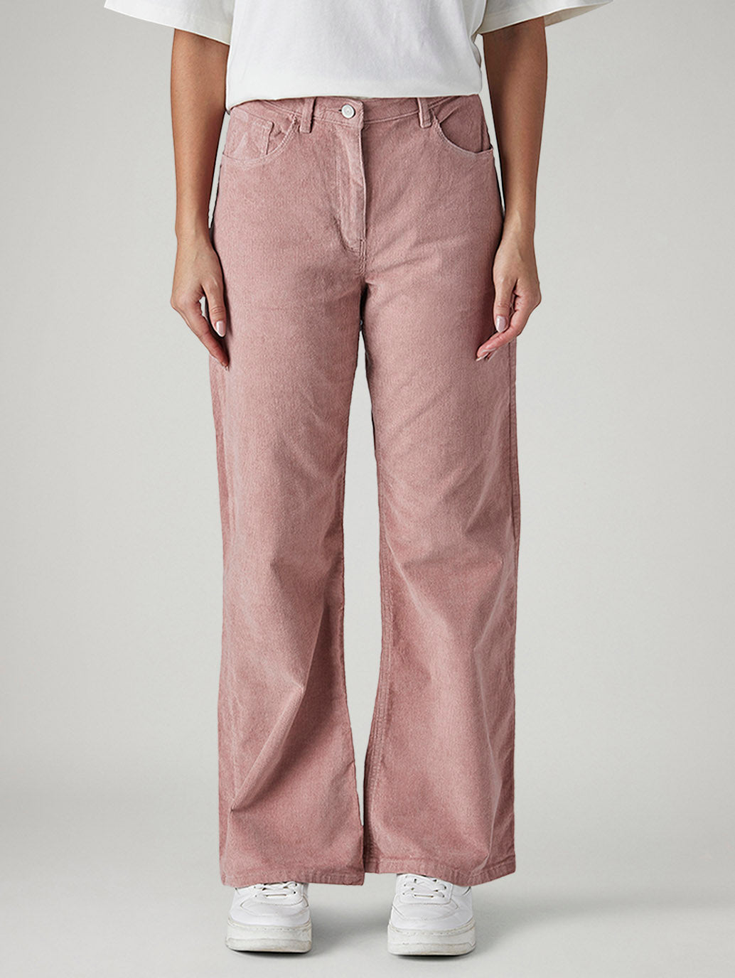 Women's Pink Loose Bootcut Fit Mid Rise Corduroy Cargos - Front View