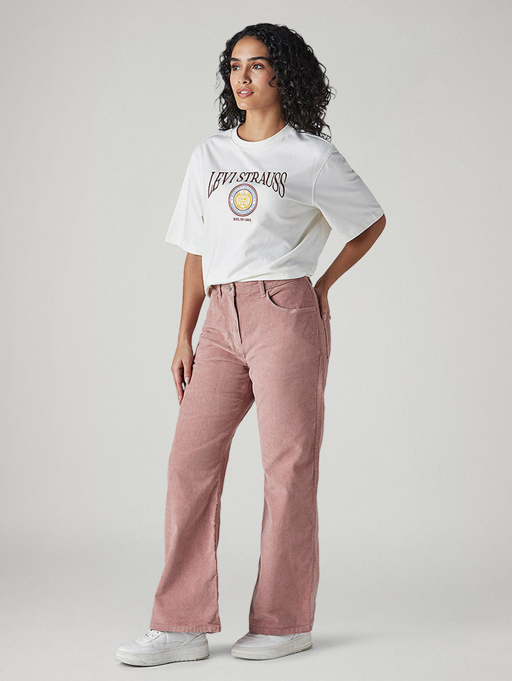 Women's Pink Loose Bootcut Fit Mid Rise Corduroy Cargos - Side View