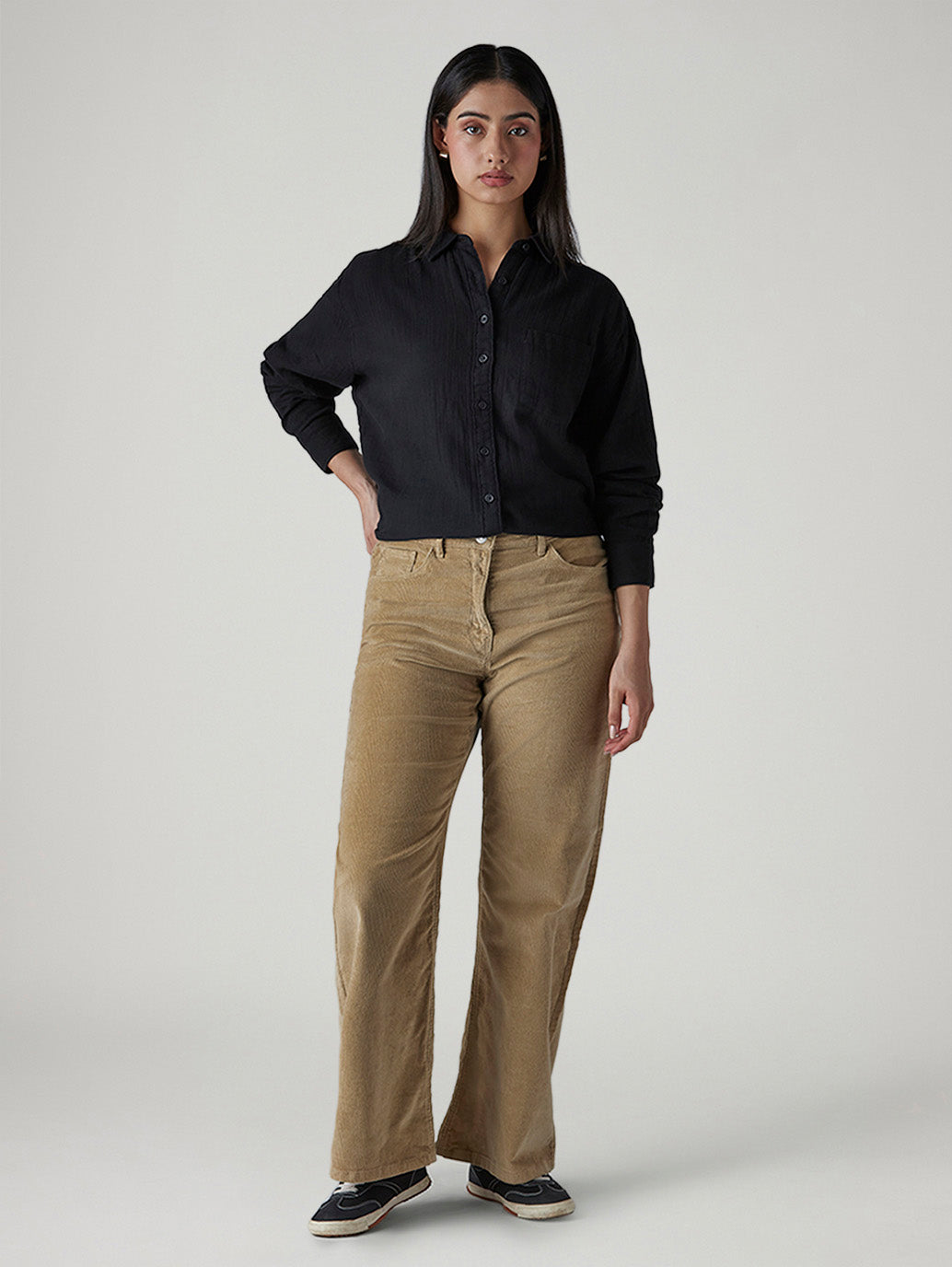Women's Light Brown Loose Bootcut Fit Mid Rise Corduroy Trousers