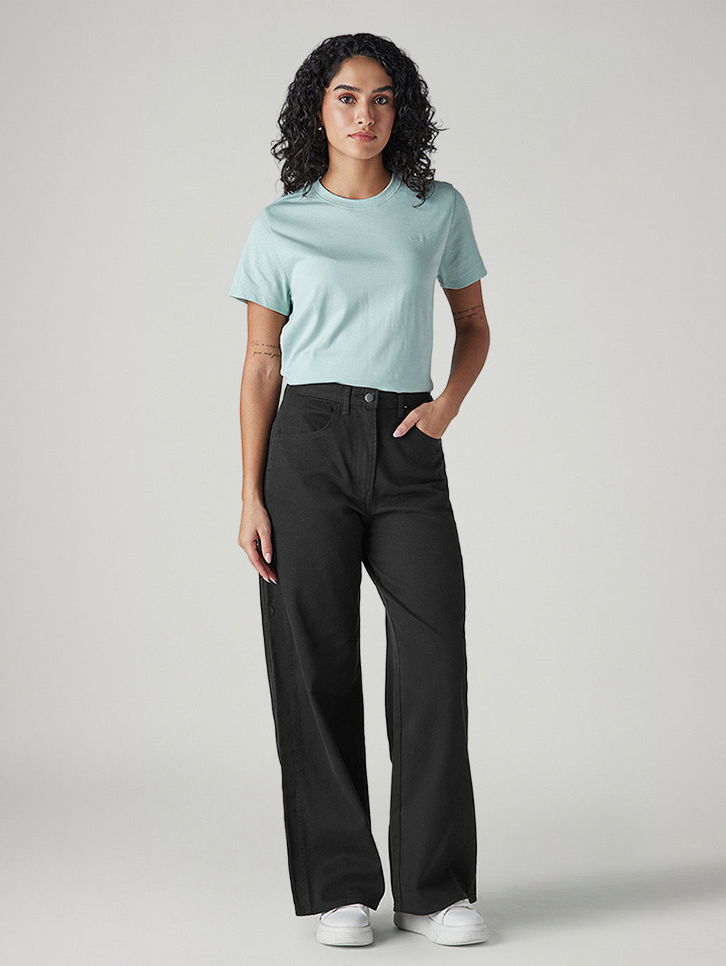 Women's Black Wide Leg Fit High Rise Cinched Trousers
