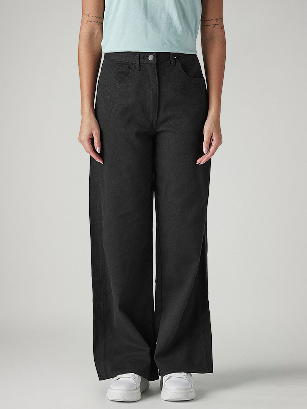 Women's Black Wide Leg Fit High Rise Cinched Trousers - Front View