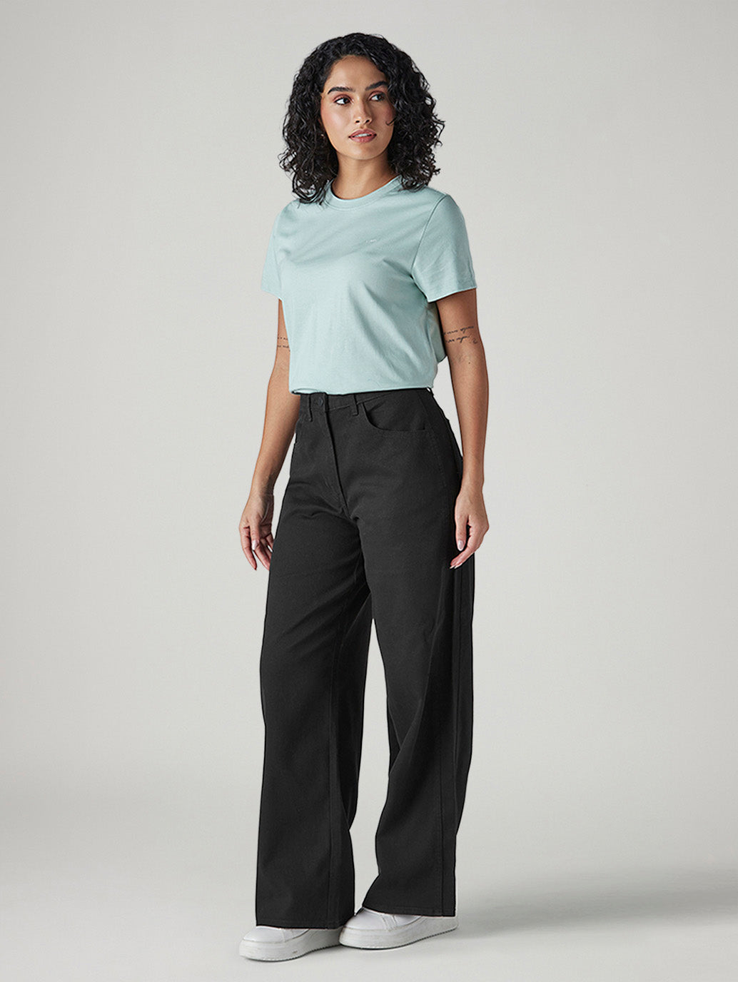 Women's Black Wide Leg Fit High Rise Cinched Trousers - Side View