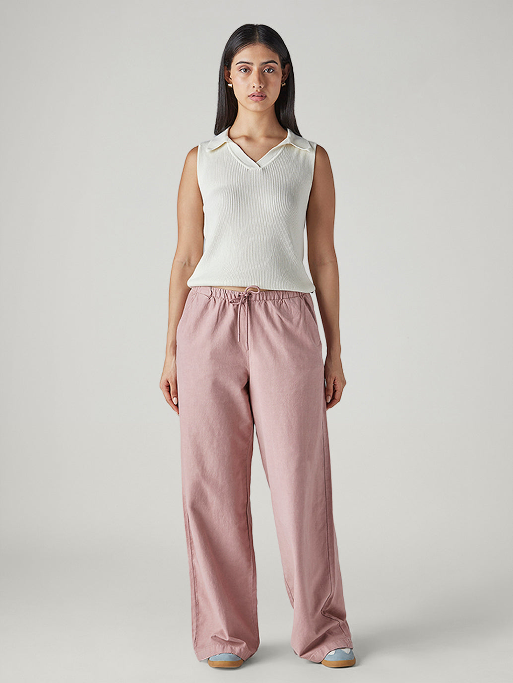 Women's Pink XL Straight Loose Fit Mid Rise Trousers - Front View