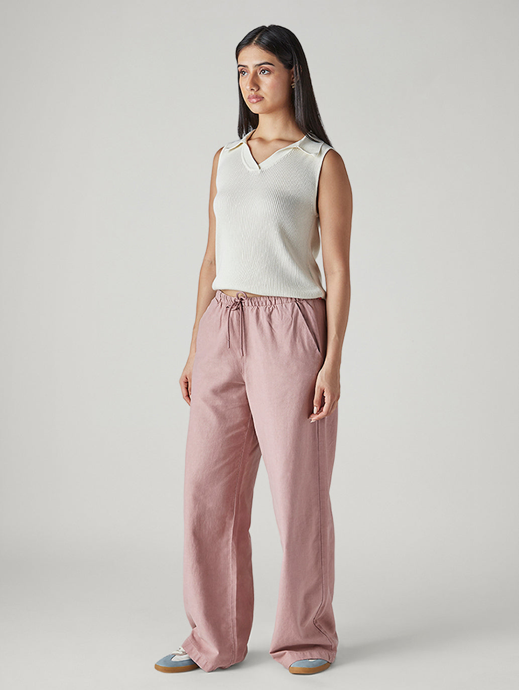 Women's Pink XL Straight Loose Fit Mid Rise Trousers - Side View