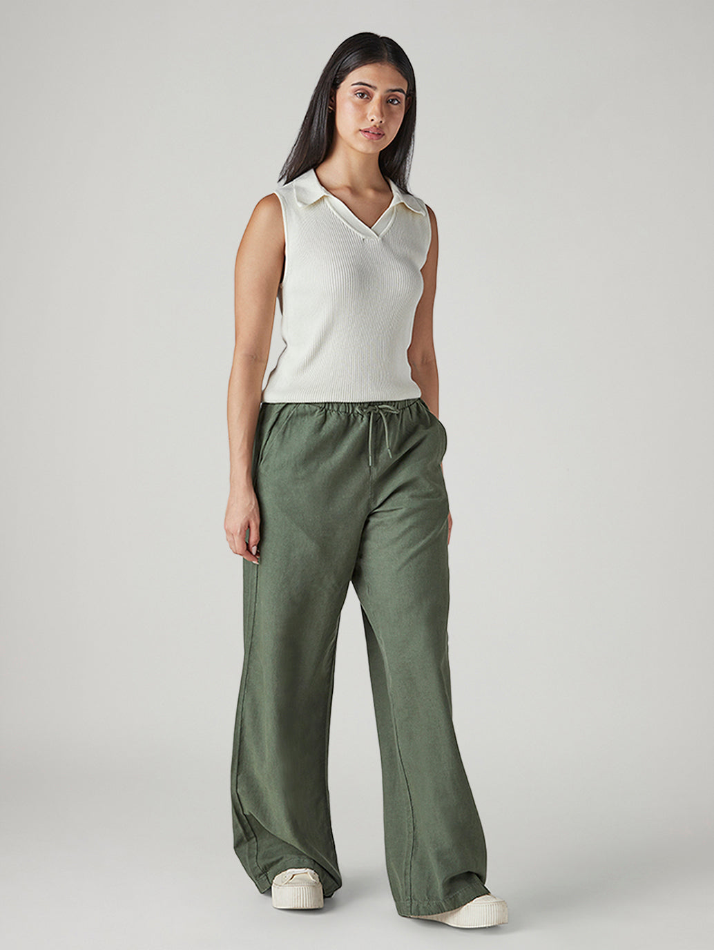 Women's Olive XL Straight Loose Fit Mid Rise Trousers