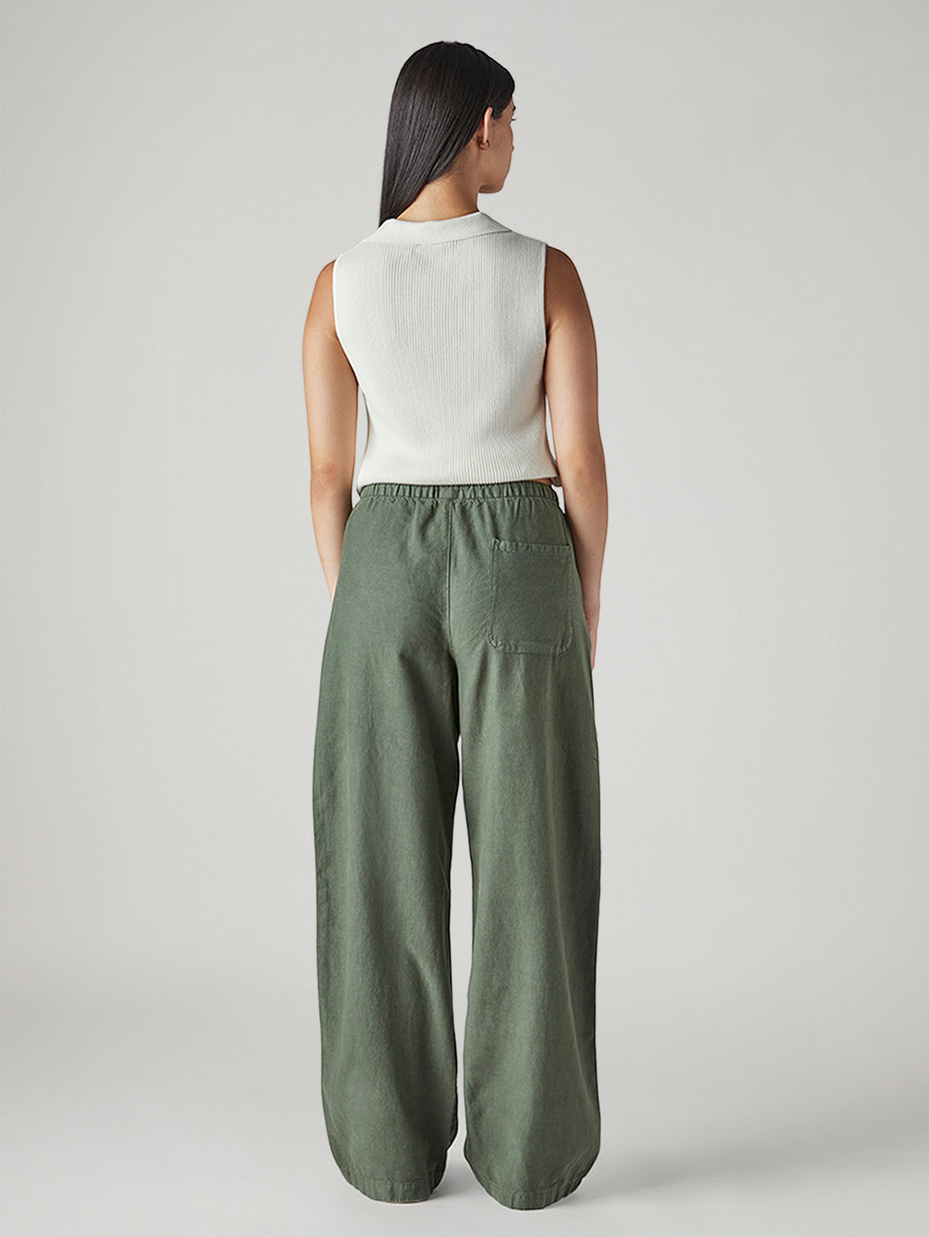 Women's Olive XL Straight Loose Fit Mid Rise Trousers - Back View